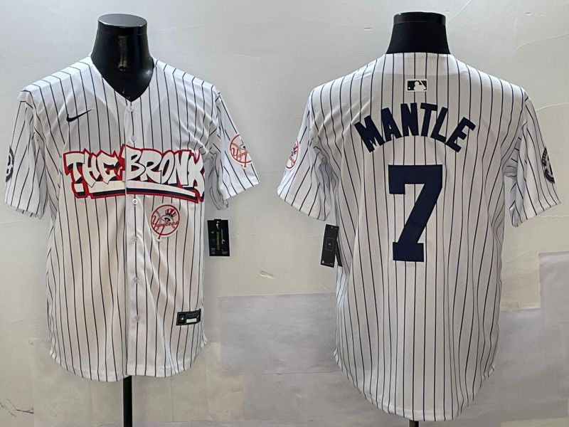 Men New York Yankees #7 Mantle White Stripe four generations Joint Name 2025 Nike MLB Jersey style 7